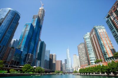 The Chicago skyline above the river at Wacker Drive